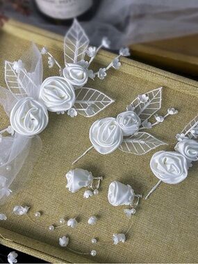 Elegant Satin Ribbon Rose & Lily of the Valley Wedding Hair Clip Set